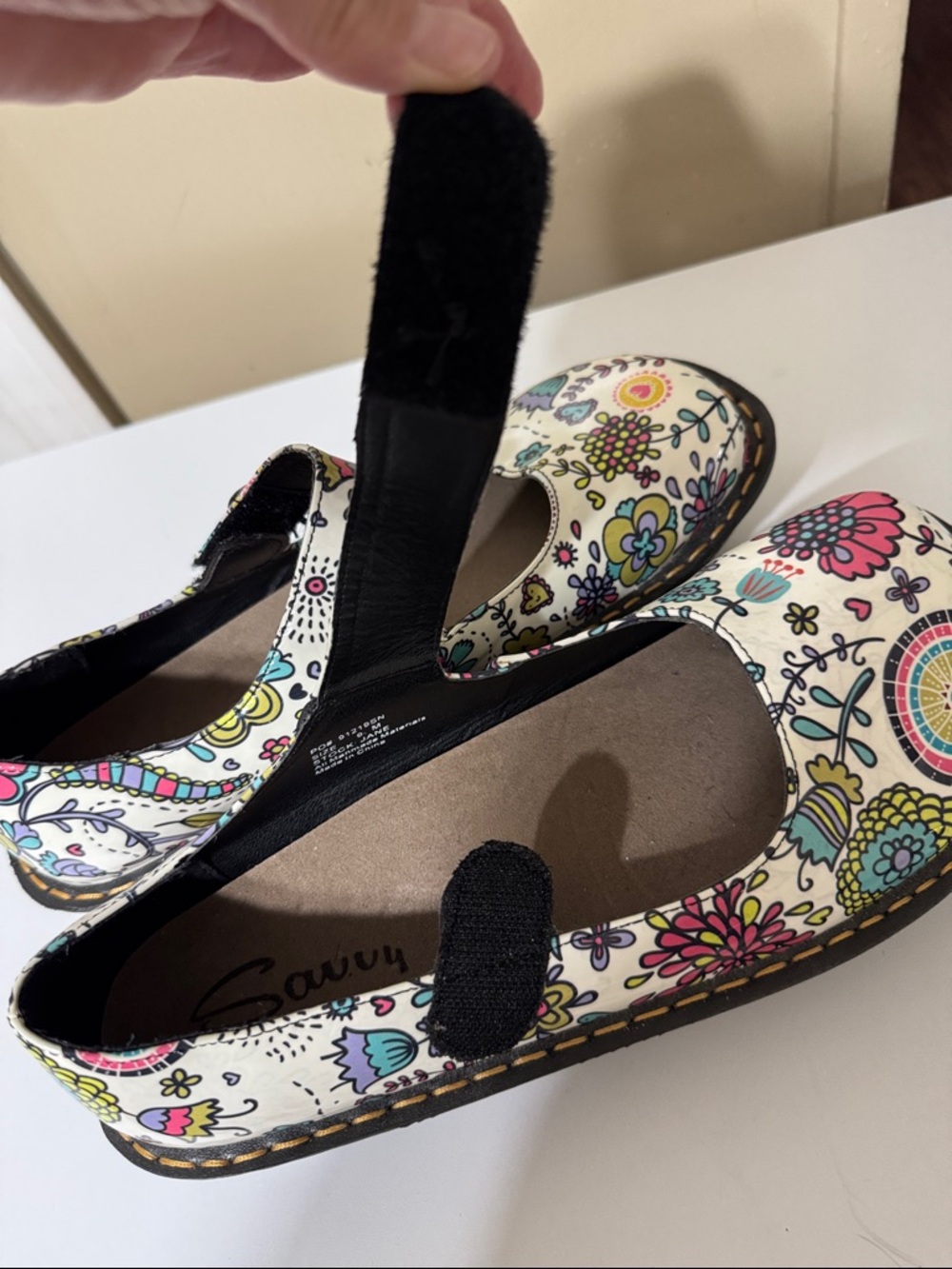 Savvy JANE Floral Mary Jane Shoes in White Pink Blue Velcro Slip Resistant - Picture 5 of 11